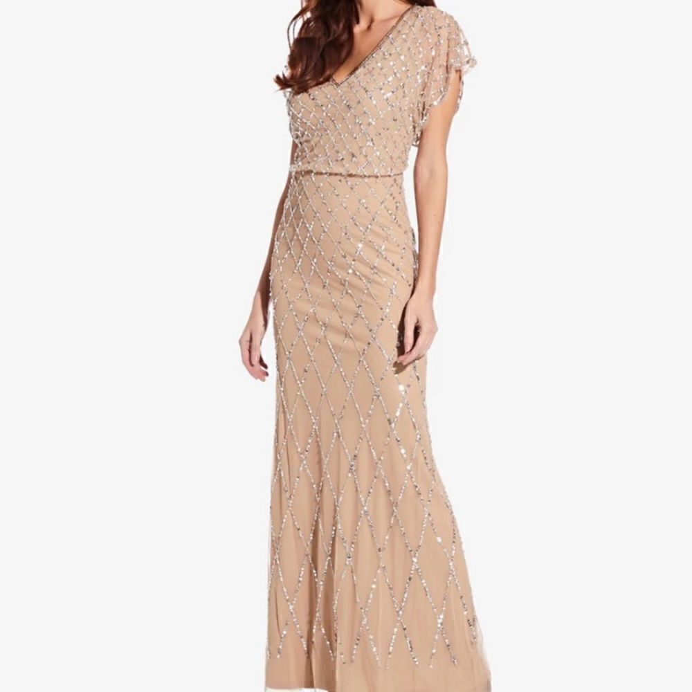 Adrianna Papell sequin lattice dress with flutter sleeves in Bridal Silver-NWT - Picture 8 of 10